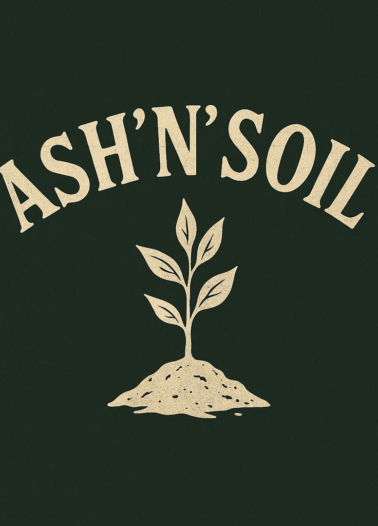 The logo of ash'n'soil: a white plant emerging from a pile of ash, set against a dark green background.